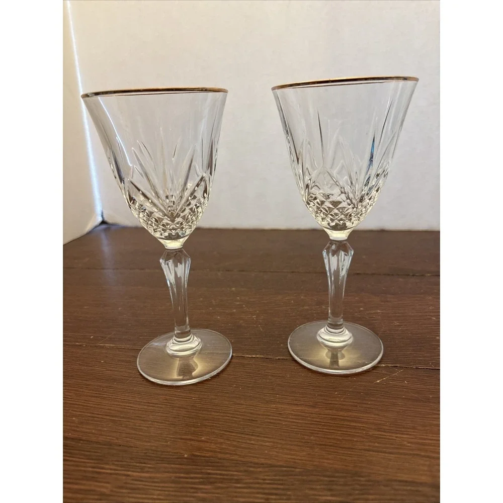 French Crystal Wine Glasses Cristal De Flandre Vintage Set 2 Gold Rim EUC‎